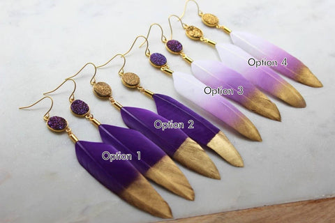 Purple and Gold Earrings, Feather Earrings, Gameday Jewelry